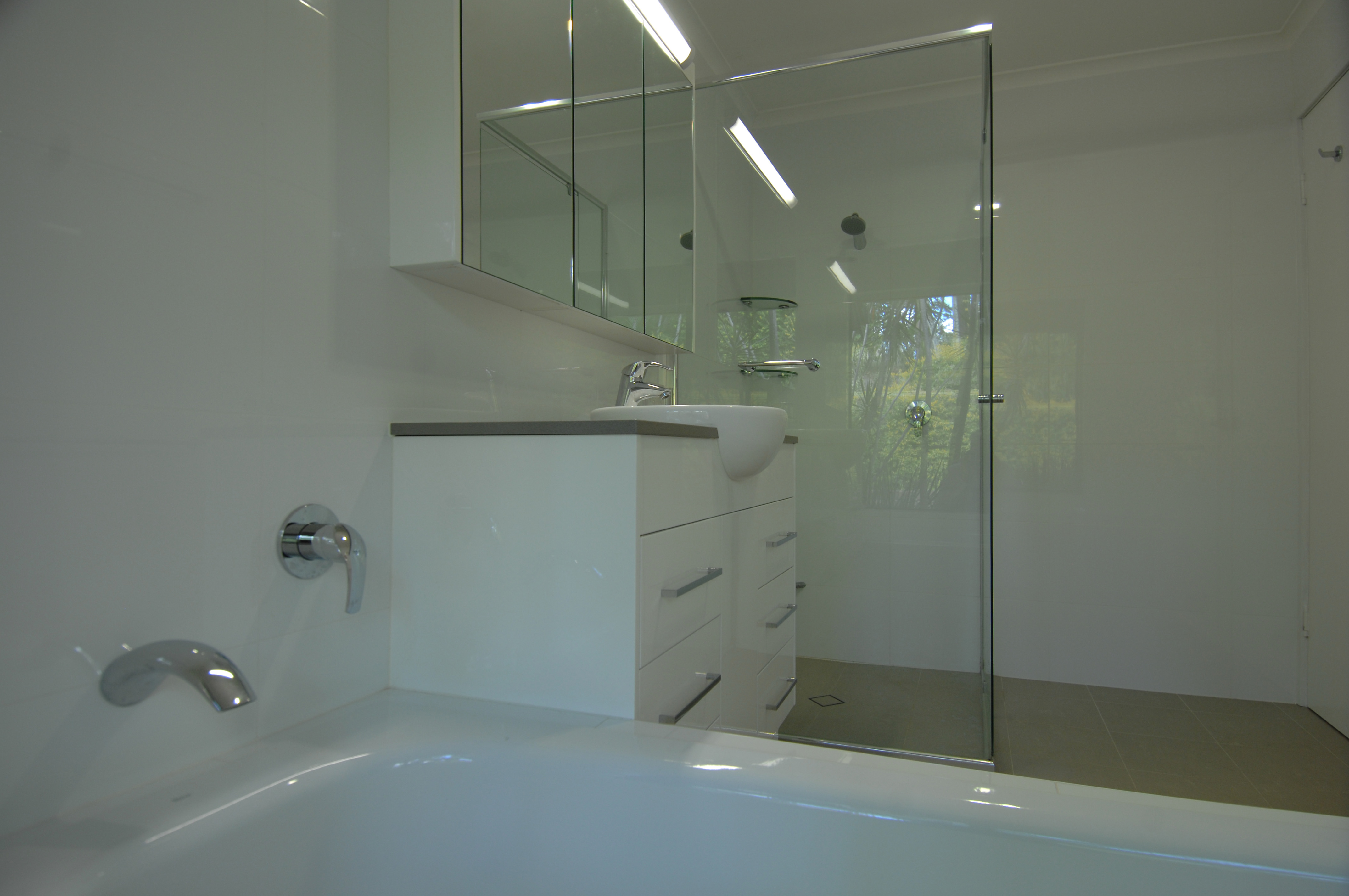 Everton Hills semi-recessed vanity semi-frameless shower screen mirror cabinet