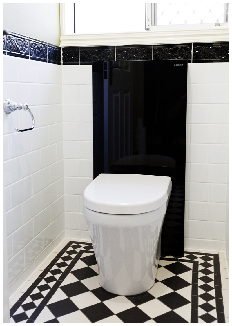 Close up toilet suite subway tiles black feature tiles traditional floor tiles