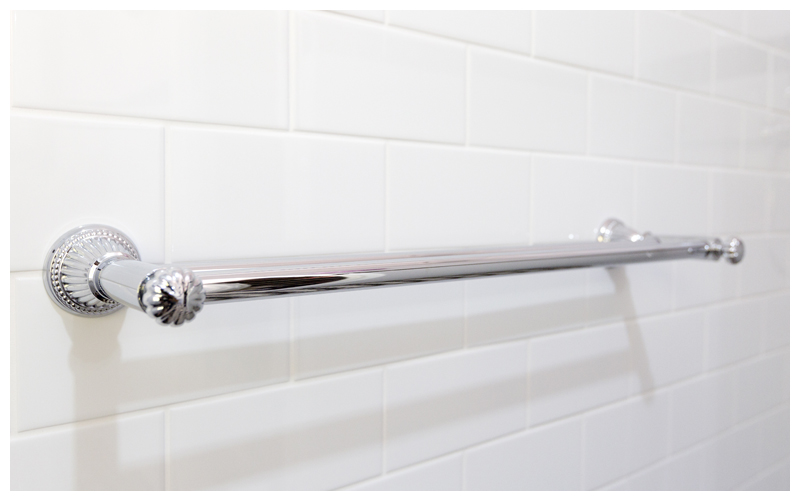 Close up traditional towel rail subway wall tiles Cashmere ensuite