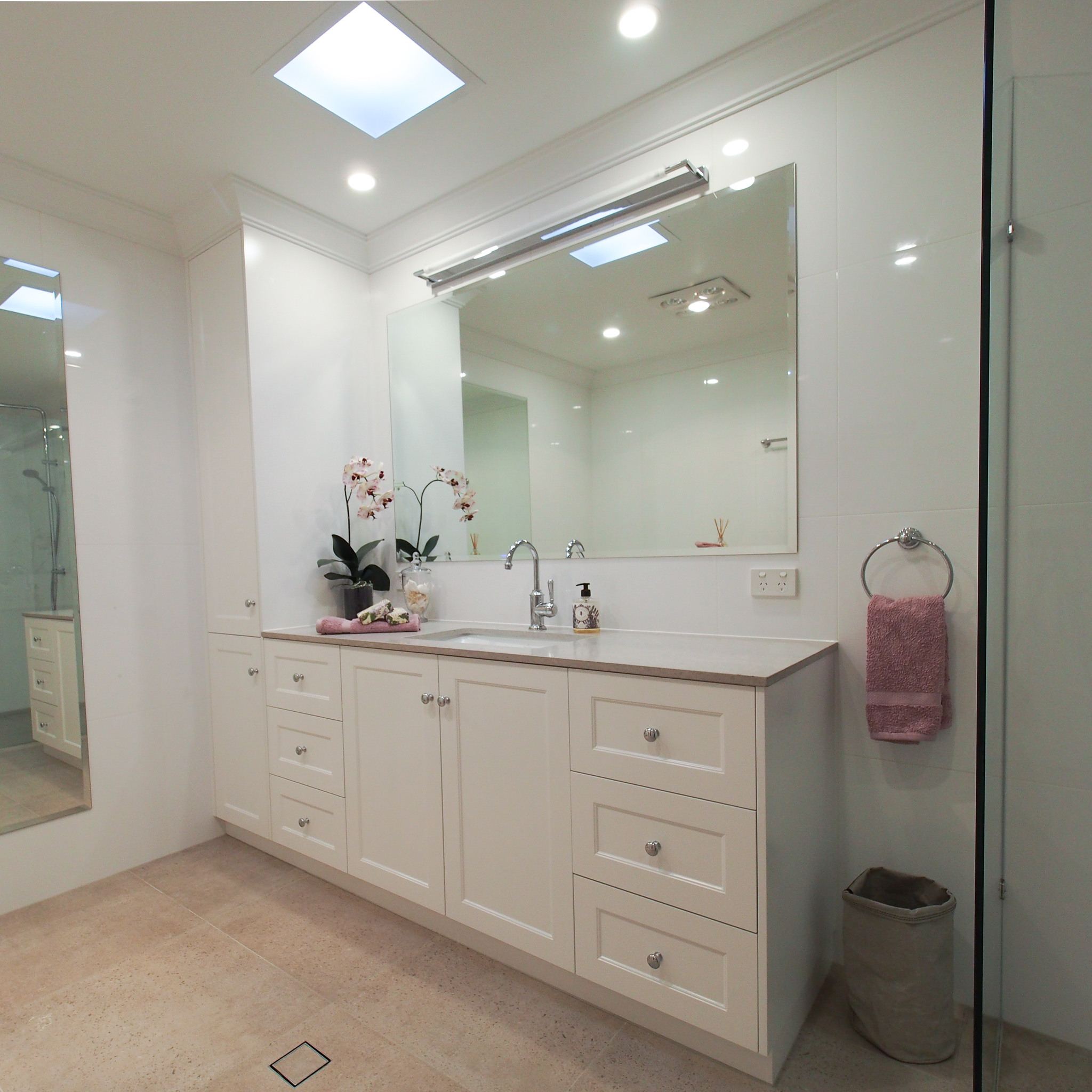 Vanity and linen cupboard, full length mirror, glass panel shower screen