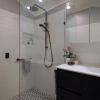 6 Wide angle small bathroom renovation glass panel shower screen black vanity black tapware
