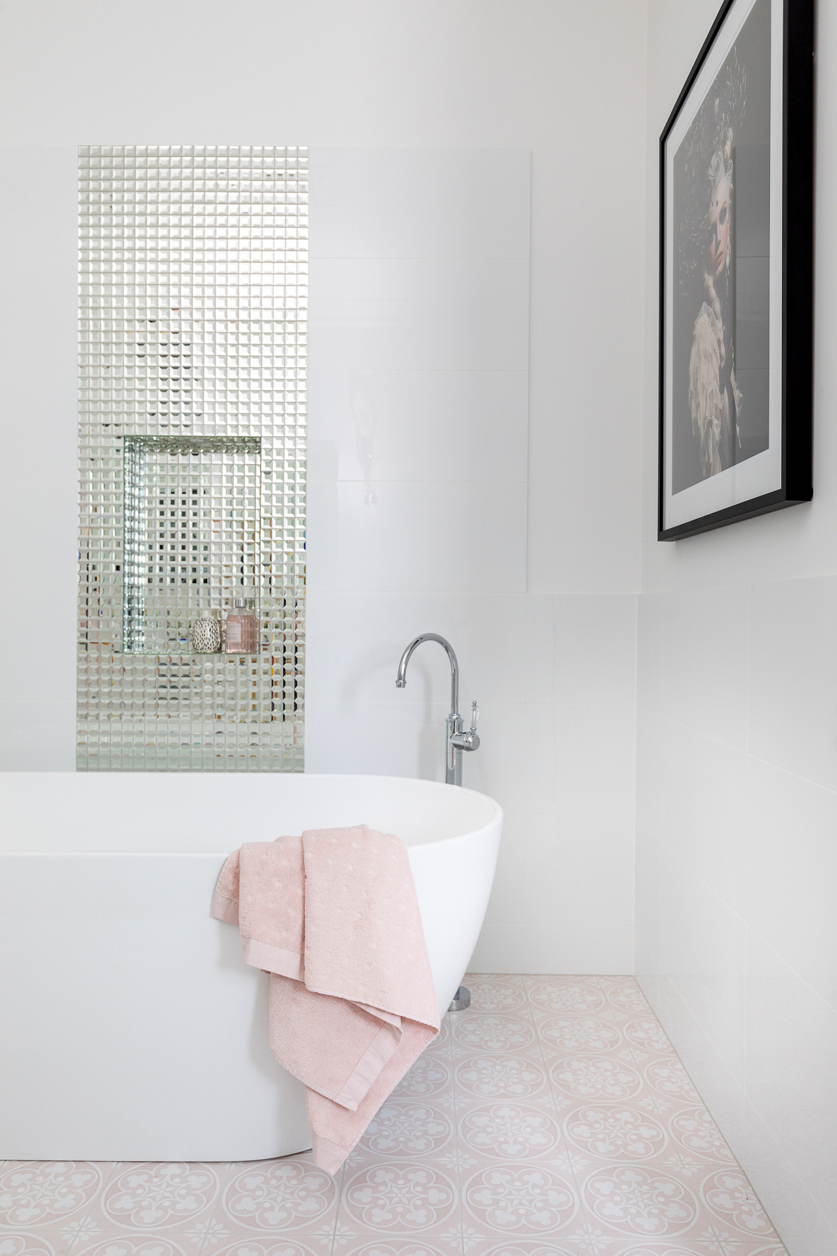 Clayfield bathroom ensuite free standing bath glass mosaic feature tiles niche Brodware gooseneck bath mixer