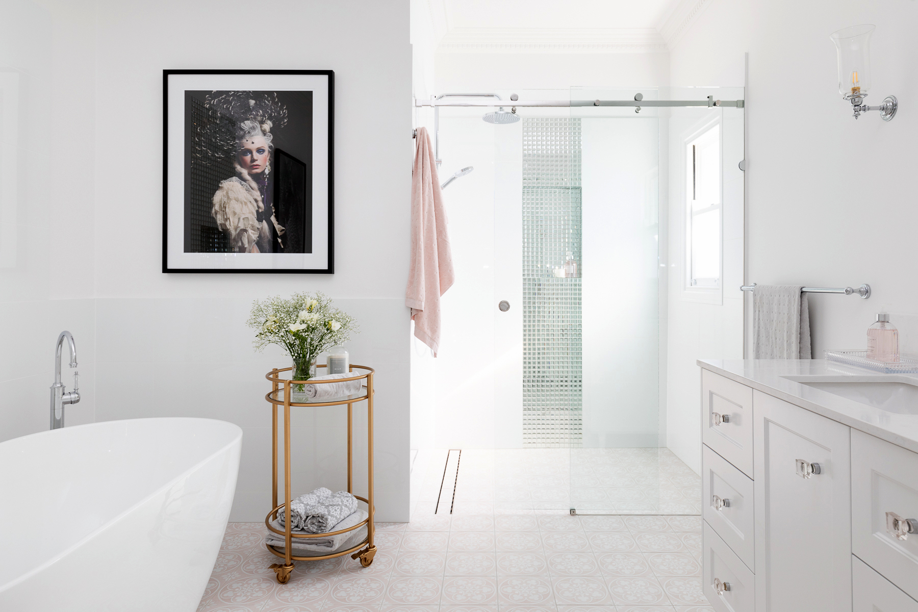 Clayfield bathroom ensuite landscape pink floor tiles vanity marble free standing bath walk in shower