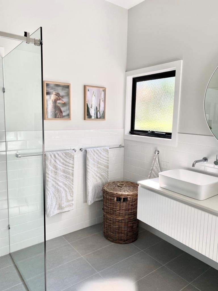 Bardon bathroom custom vanity custom shower screen white wall tiles grey floor tiles