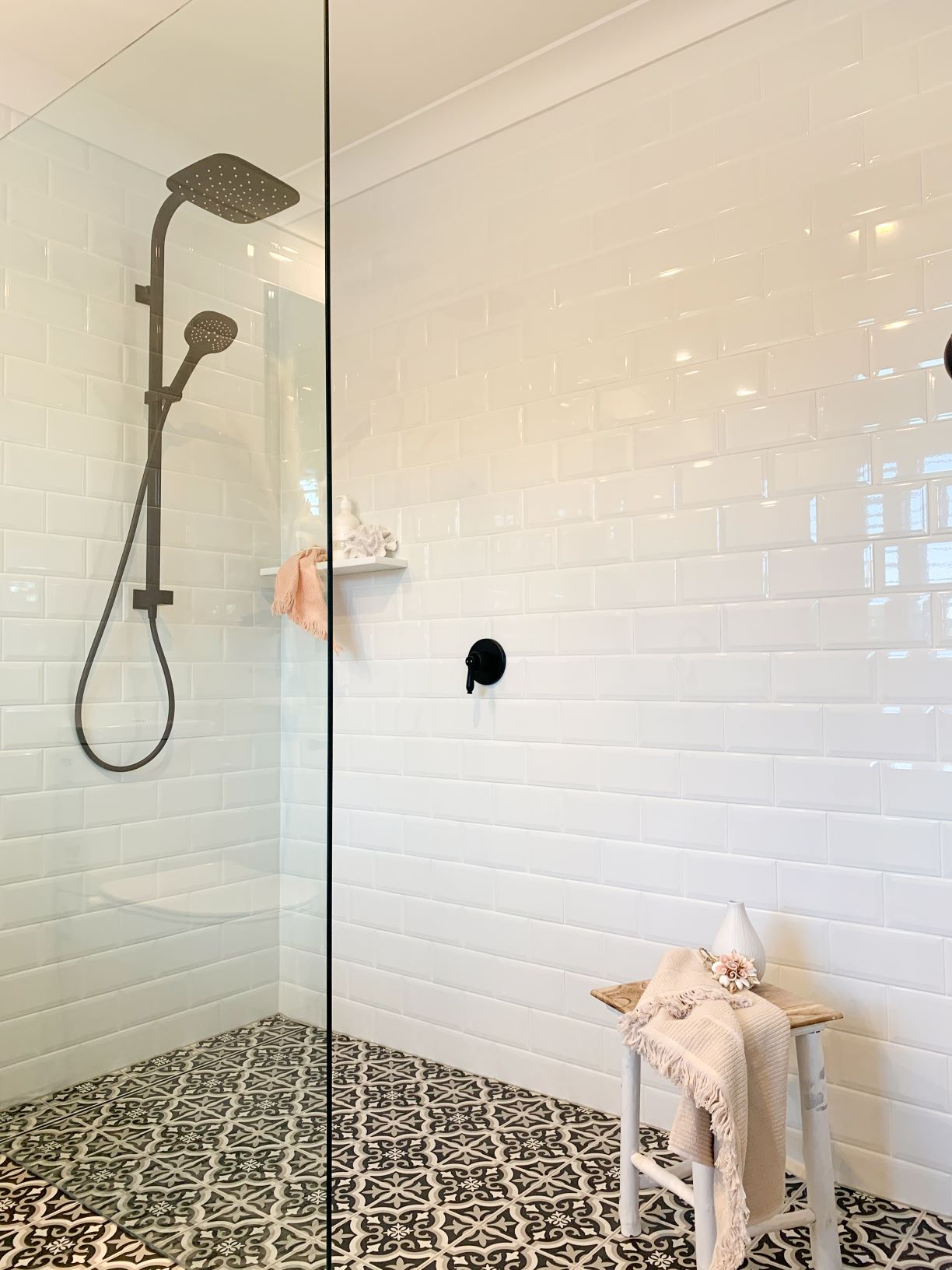 ascot ensuite rain shower shower screen black and white floor tiles white wall tiles