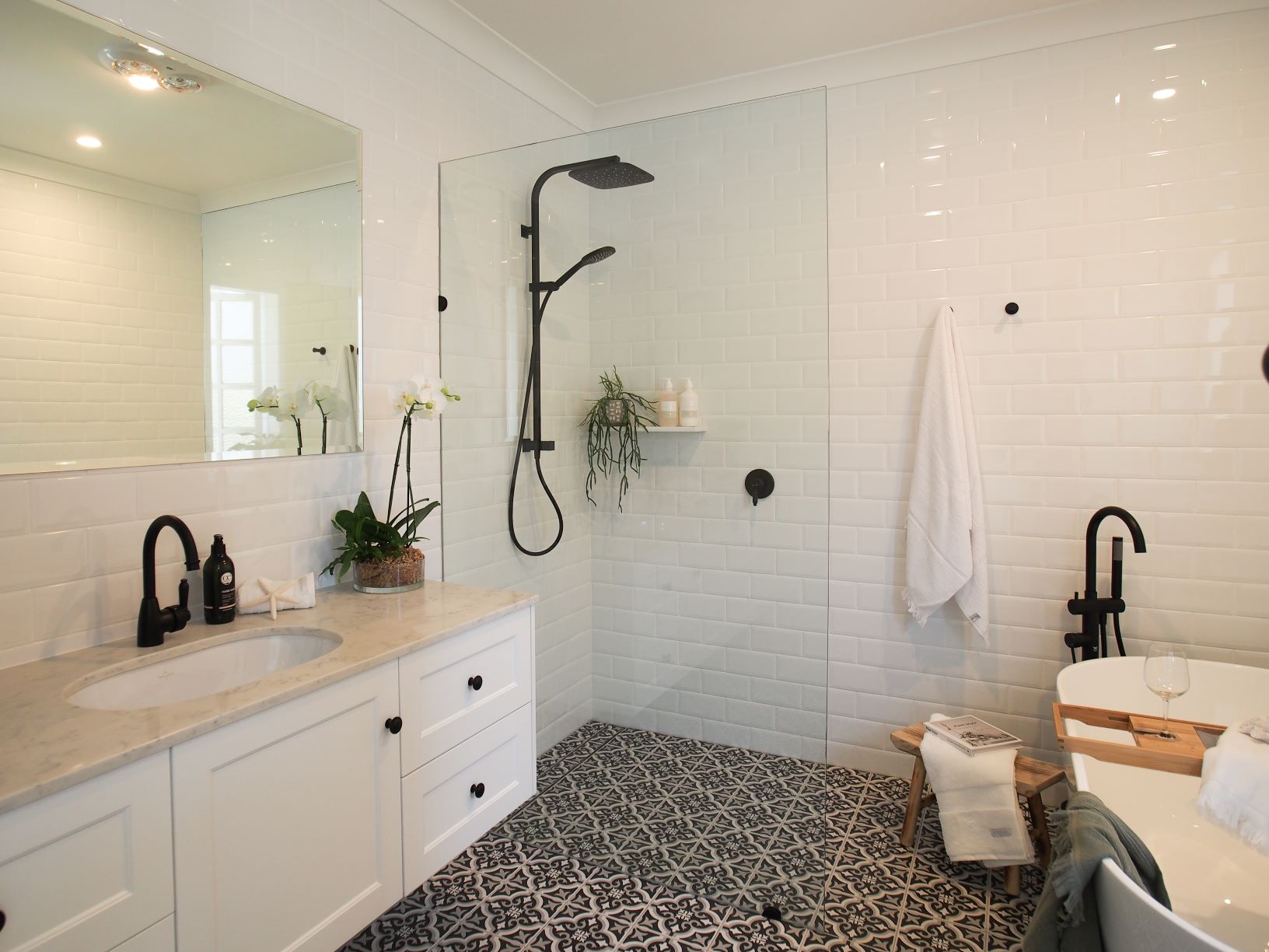 ascot main bathroom rain shower shower screen free standing bath black and white floor tiles vanity