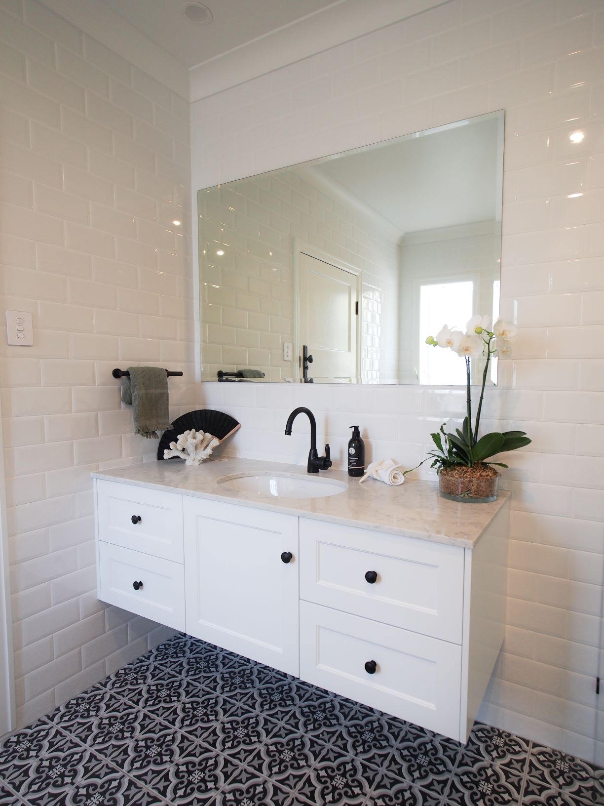 ascot main bathroom vanity black tapware black and white floor tiles white wall tiles